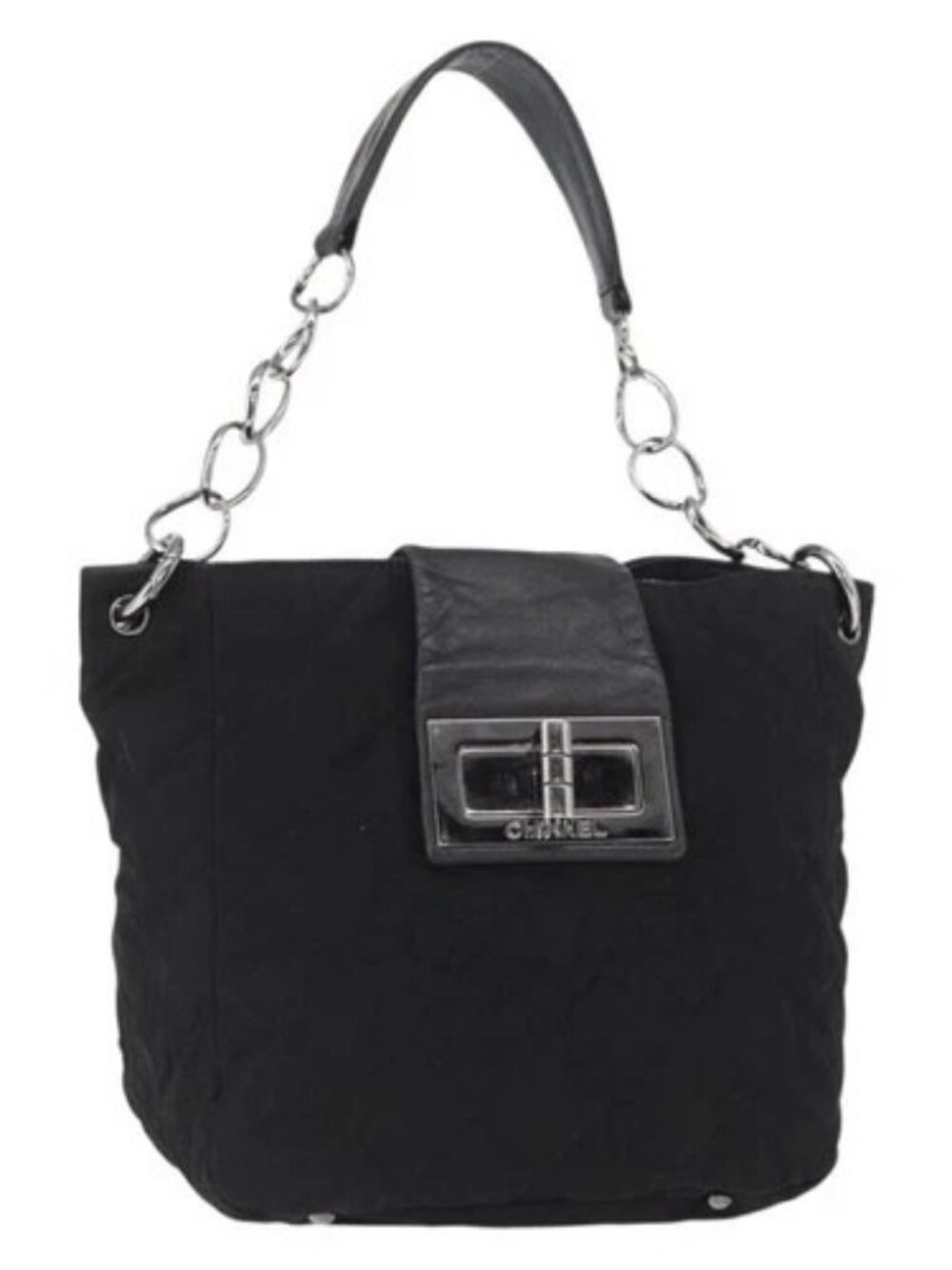 CHANEL Chain 2.55 Shoulder Bag Nylon Black Silver CC Auth 164361
